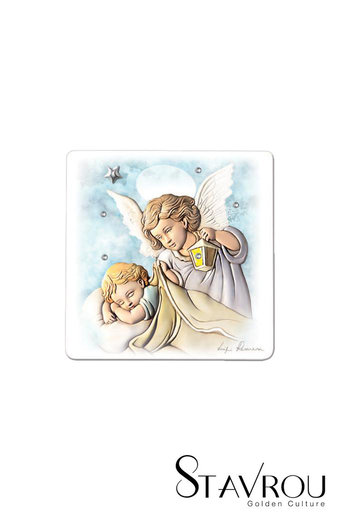 εικόνα Άγγελος - Βρέφος, ζωγραφισμένη σε ξύλο με ασημένιο αστέρι και 4 στρας / 2ΕΙ0225 logo / 125 x 125 mm