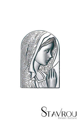 θρησκευτική καθολική εικόνα πίστης Παναγία με πέπλο, ανάγλυφη, σε ασήμι 925' /2ΕΙ0243 logo / 50 x 90 mm