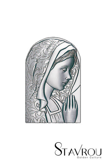 θρησκευτική καθολική εικόνα πίστης Παναγία με πέπλο, ανάγλυφη, σε ασήμι 925' / 2ΕΙ0246 logo / 70 x 110 mm
