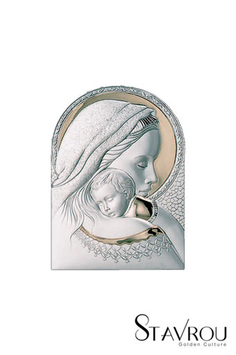 θρησκευτική καθολική εικόνα πίστης Παναγία Βρεφοκρατούσα, ανάγλυφη, σε ασήμι 925' με επίχρυσα στοιχεία / 2ΕΙ0212 logo / 180 x 250 mm