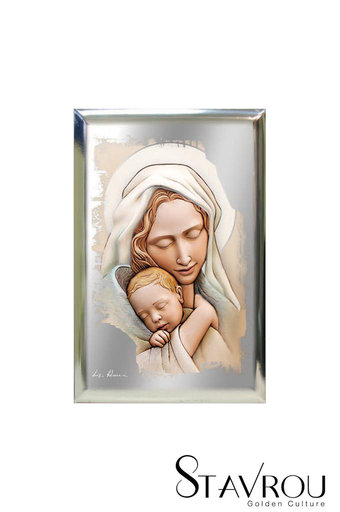 επάργυρη θρησκευτική εικόνα πίστης, Παναγία Βρεφοκρατούσα / 2ΕΙ0222 logo / 100 x 150 mm