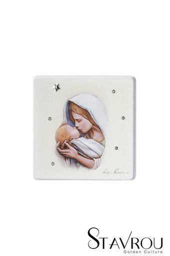 εικόνα Παναγία Γλυκοφιλούσα, ζωγραφισμένη σε ξύλο με ασημένιο αστέρι και 5 στρας / 2ΕΙ0226 logo / 125 x 125 mm