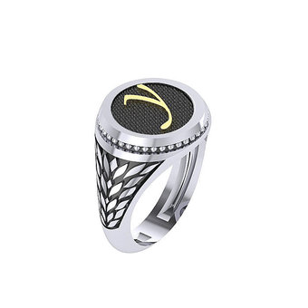 Γυναικείο στρόγγυλο Δαχτυλίδι σεβαλιέ Μονόγραμμα Υ ύψιλον - 4.06 d με σχέδιο δαφνόφυλλα στη γάμπα / Ασημένιο, χειροποίητο, τρίχρωμο, λευκό - μαύρο με πατίνα και κίτρινο επιχρυσωμένο το θέμα του