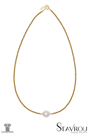γυναικείο κολλιέ, με αιματίτη χρυσαφί, μαργαριτάρι fresh water biwa baroque και ασημένια επιπλατινωμένα στοιχεία / 2KO0200 logo