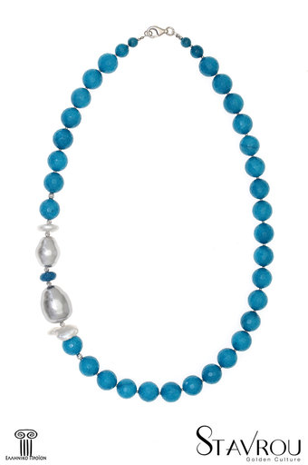 γυναικείο κολλιέ με ενισχυμένο quartz petrol (12 mm), μαργαριτάρι fresh water, ασημί shell pearl και ασημένια επιπλατινωμένα στοιχεία / 2KO0201 logo