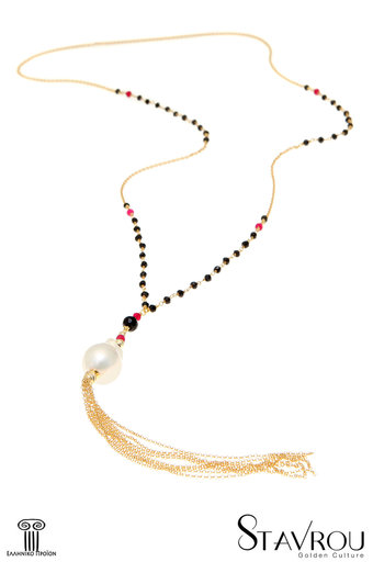 γυναικείο κολλιέ, γραβάτα, με shell pearl, μαύρους και κόκκινους αχάτες περασμένους σε ασημένια 925' επιχρυσωμένη αλυσίδα / 2KO0235 logo