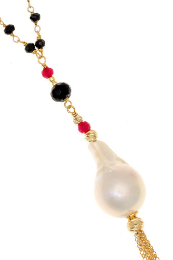 γυναικείο κολλιέ, γραβάτα, με shell pearl, μαύρους και κόκκινους αχάτες περασμένους σε ασημένια 925' επιχρυσωμένη αλυσίδα / 2KO0235 - λεπτομέρεια