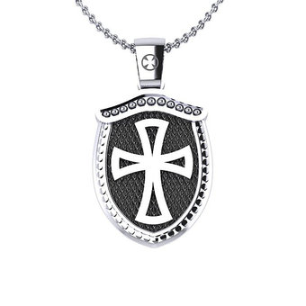 Ορθόδοξο Χριστιανικό Μενταγιόν διπλής όψεως Αρχάγγελος Μιχαήλ - Βυζαντινός Σταυρός 4.03 / Ασημένιο, χειροποίητο, σε σχήμα σπαθιού, δίχρωμο, λευκό μαύρο με πατίνα / πίσω όψη με Βυζαντινό Σταυρό