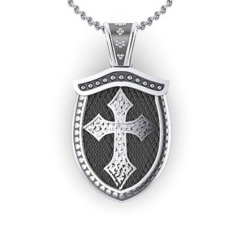 Unisex Μενταγιόν διπλής όψεως Δικέφαλος Αετός - Βυζαντινός Σταυρός 4.03 / Ασημένιο, χειροποίητο, σε σχήμα σπαθιού, δίχρωμο, λευκό μαύρο με πατίνα / πίσω όψη με τον Βυζαντινό Σταυρό