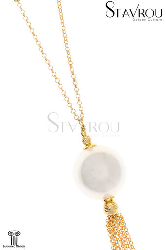 γυναικείο μενταγιόν με shell pearl 16 mm  και φούντα από 8 επίχρυσες ασημένιες αλυσίδες μήκους 5,5 cm / 2KO0234 logo - λεπτομέρεια