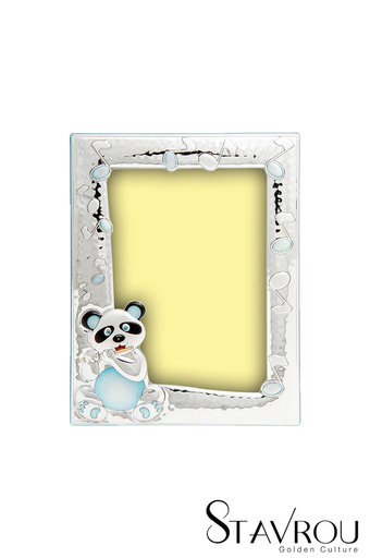 παιδική κορνίζα φωτογραφίας για αγοράκια ''αρκουδάκι, φλογέρα'' επάργυρη, με σιέλ σμάλτο / 2ΚΟ0464 logo