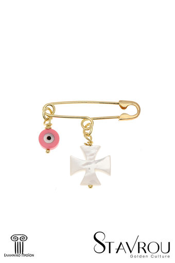 παιδική παραμάνα για κοριτσάκια, με ροζ μάτι και λευκό φίλντισι σταυρό, σε χρυσό 9 καρατίων / 1PR0171 logo