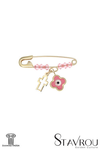 παιδική παραμάνα για κοριτσάκια, με ροζ φίλντισι μάτι σταυρό και περιγραφικό σταυρό, σε χρυσό 9 καρατίων / 1PR0176 logo