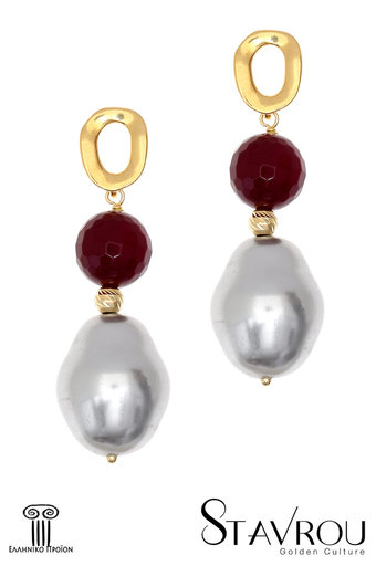 γυναικεία σκουλαρίκια, ασημένια, επιχρυσωμένα, με κόκκινους αχάτες και shell pearls / 2SK0113 logo