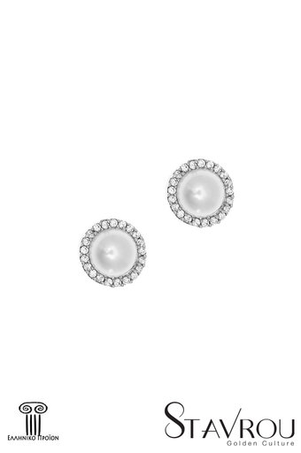 γυναικεία σκουλαρίκια, ροζέτες με μαργαριτάρια και ζιργκόν σε λευκό χρυσό Κ14 / 1SK2203 logo / 9,70 mm
