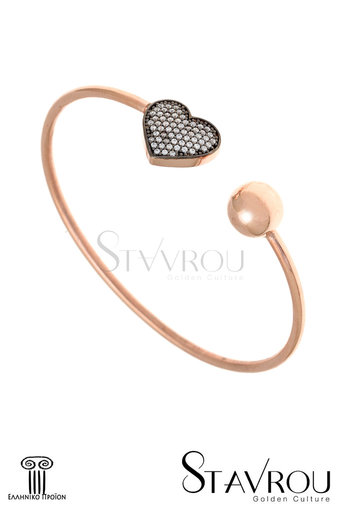 γυναικείο βραχιόλι, ελασματική βέργα, μπίλλια - καρδιά, σε ασήμι 925' με ροζ χρύσωμα με ζιργκόν και επιροδίωση στις πέτρες / 2BR0169 logo