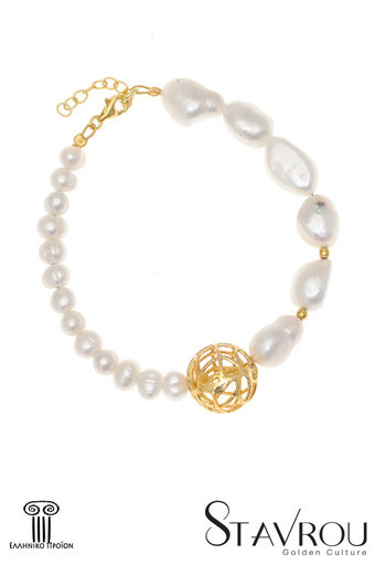 γυναικείο βραχιόλι, ελαστικό, με shell pearl και ασημένια επίχρυσα στοιχεία / 2BR0061 logo