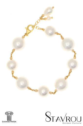γυναικείο βραχιόλι με μαργαριτάρια shell pearl και ασημένια επίχρυσα κούμπωμα και στοιχεία / 2BR0160 logo